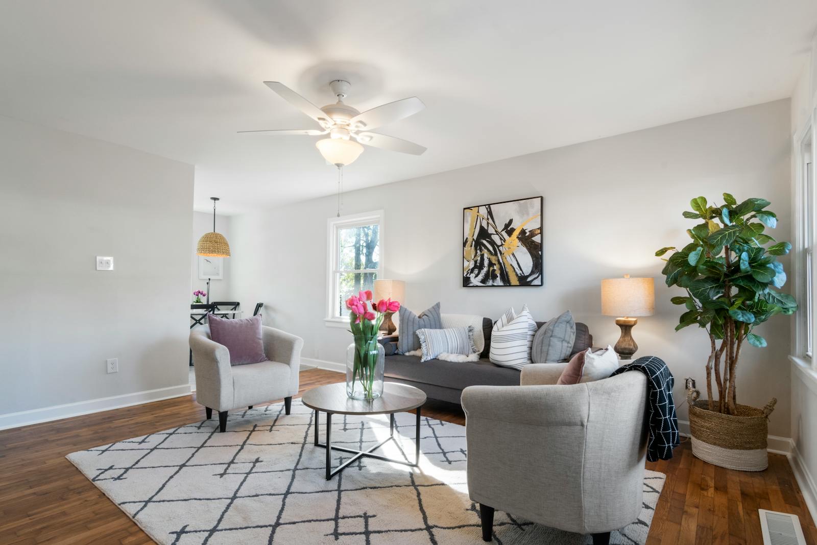 Modern living room with rich wooden flooring